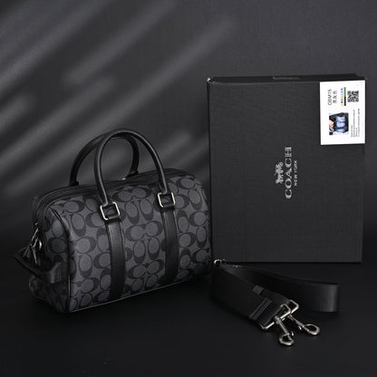 Coach Signature Duffel Bag – Black Monogram Canvas with Leather Trim